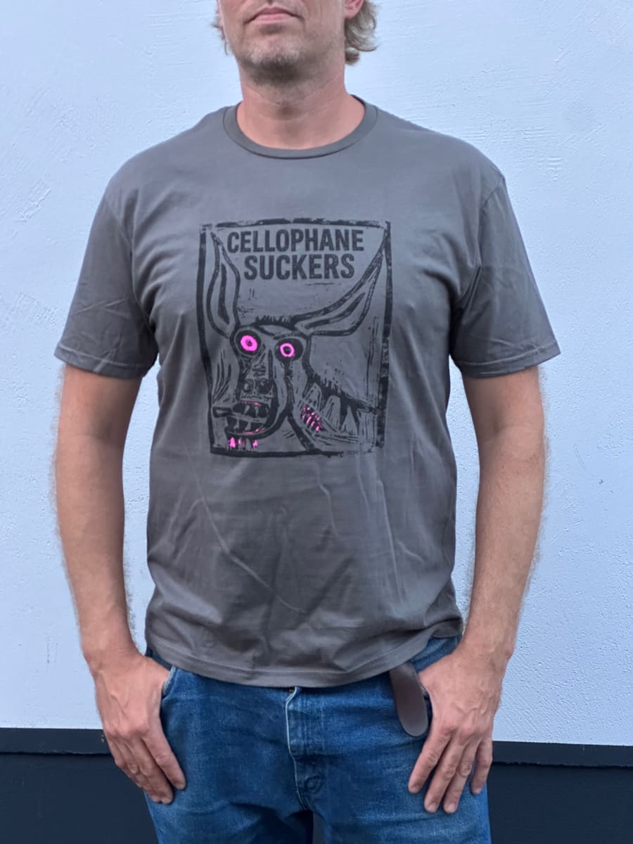 Charcoal t-shirt with a black and pink woodcut donkey head
